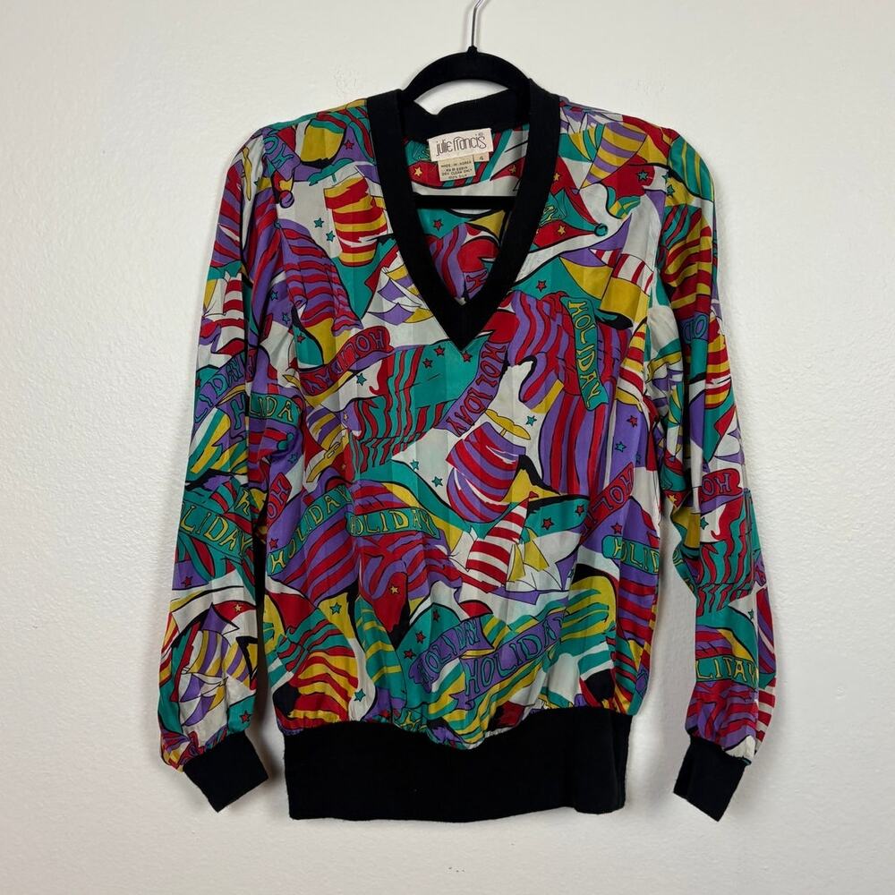Julie Francis Vintage Holiday All Over Print Silk 90's Bomber Style Sweater 4